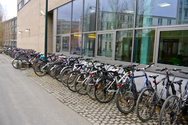 Employees' bicycles parked outside Trondheim's medical center. There must be a health advantage to cycling to work in brisk weather.